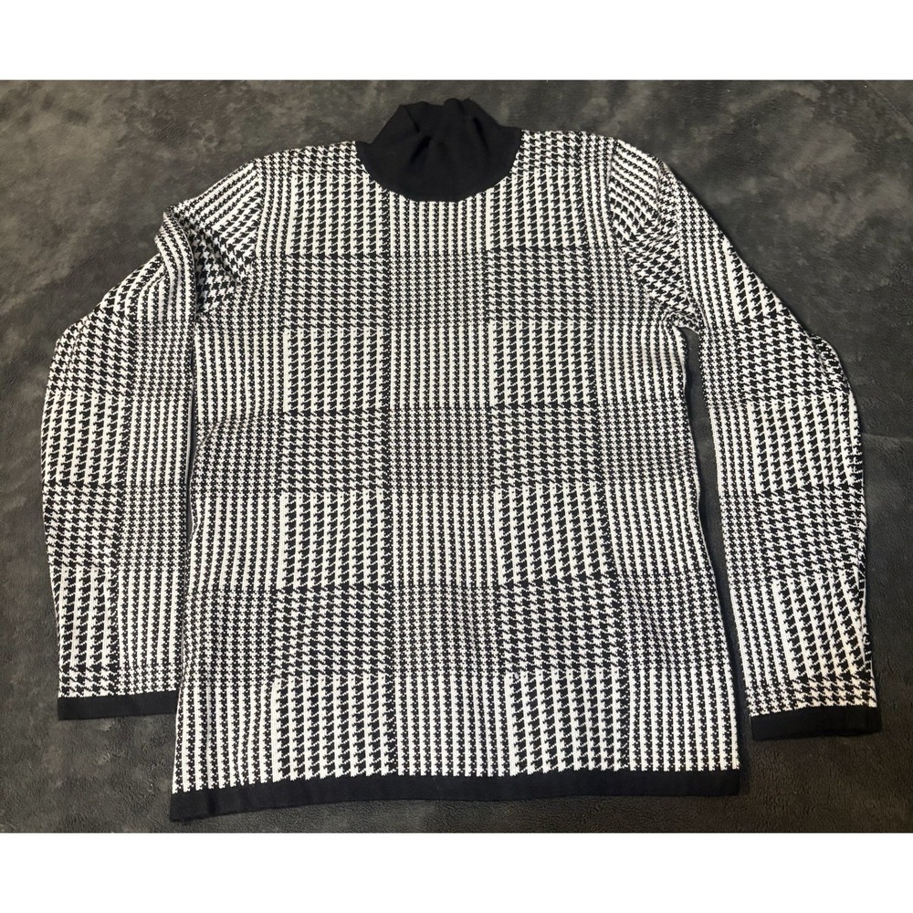 Tahari Mock Long Sleeve Black & White Houndstooth Cozy Preppy Sweater S
